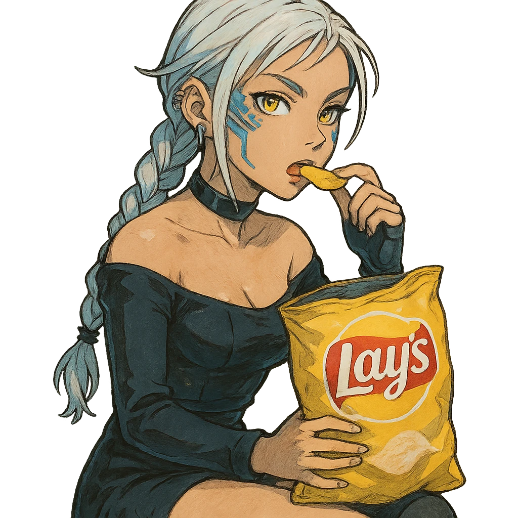  she is snacking out of a huge bag of lays-chips, a closeup portrait of young woman with gold yellow eyes, white hair, long braid, black off-shoulder top d-cup, punk gothic style, futuristic cyberwave cyberpunk, sitting position
 emoji