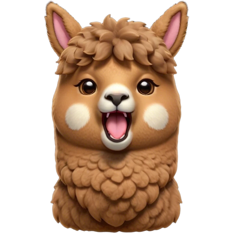 Cinematic Cute Yawning Brown Alpaca Portrait Emoji, Head tilted slightly with a dramatic, wide-open yawn, showcasing a soft, plush brown fleece with gently drooping ears, round warm eyes barely open in drowsy contentment, Simplified yet irresistibly adorable features, highly detailed, glowing with a soft, cozy glow, high shine, relaxed yet expressive, stylized with a touch of whimsy, bright and endearing, soft glowing outline, capturing the essence of a sleepy yet affectionate alpaca, so drowsy it feels like it could stretch out of the screen and curl up for a nap! emoji