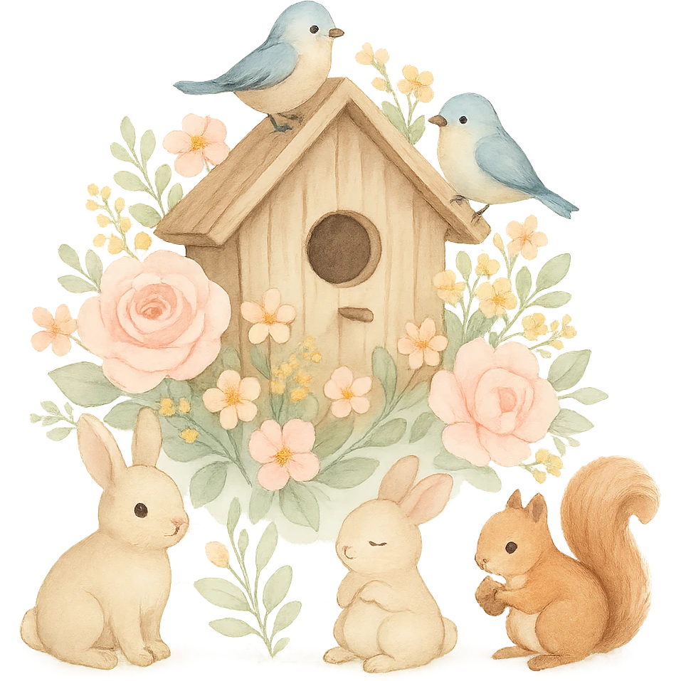 birdhouse with flowers and forest creatures including bunnies, birds, and squirrels, cozy pastel design with soft pastel colors, transparent background emoji