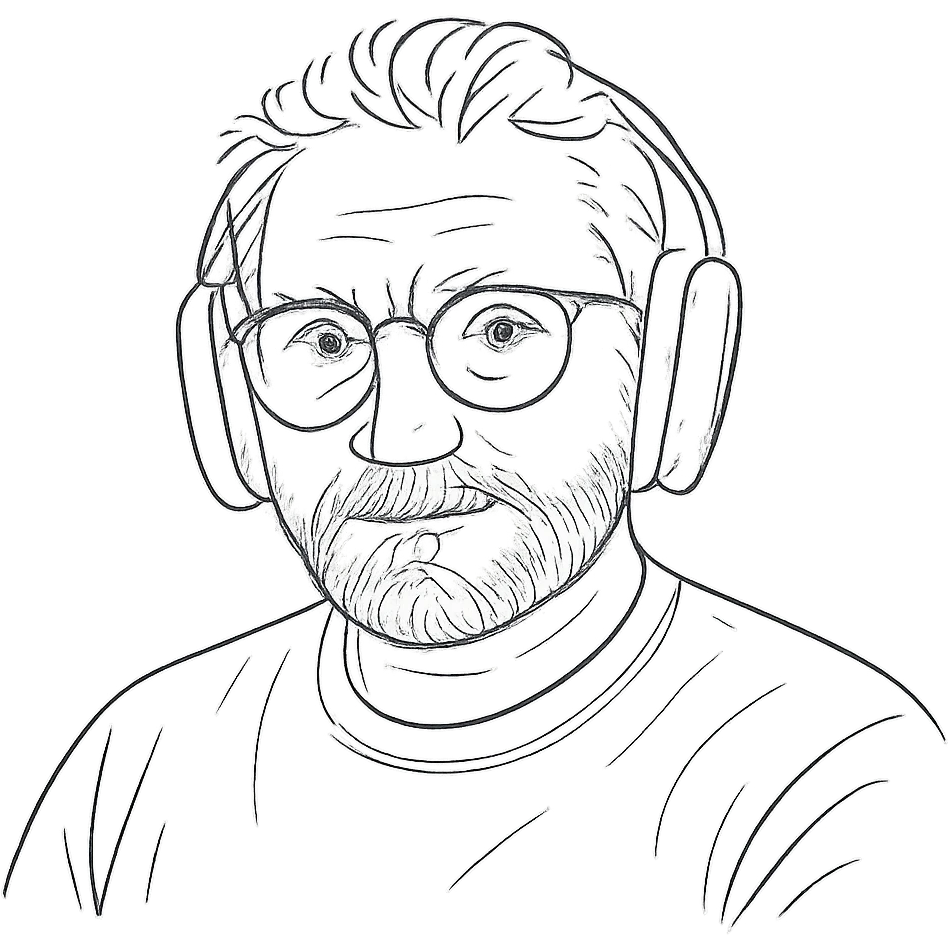 portrait, focus on facial features, hair, glasses, and headphones, clean lines, no color, no background emoji