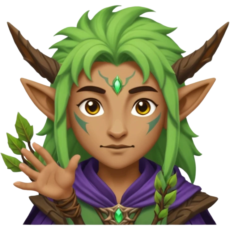 night elf druid, simplified and bold, clear facial expression, with animal features or nature magic, fun and readable at small size, sized and composed for Twitch emoji, no text emoji