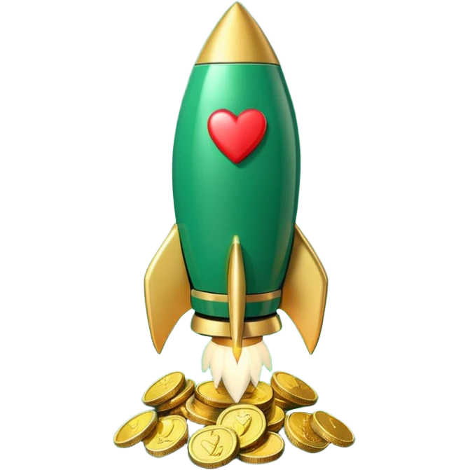 3D rocket with coins and hearts, deep green color (#0B3D2C), gold accents (#C9B037), cream highlights, glossy modern style, transparent background emoji