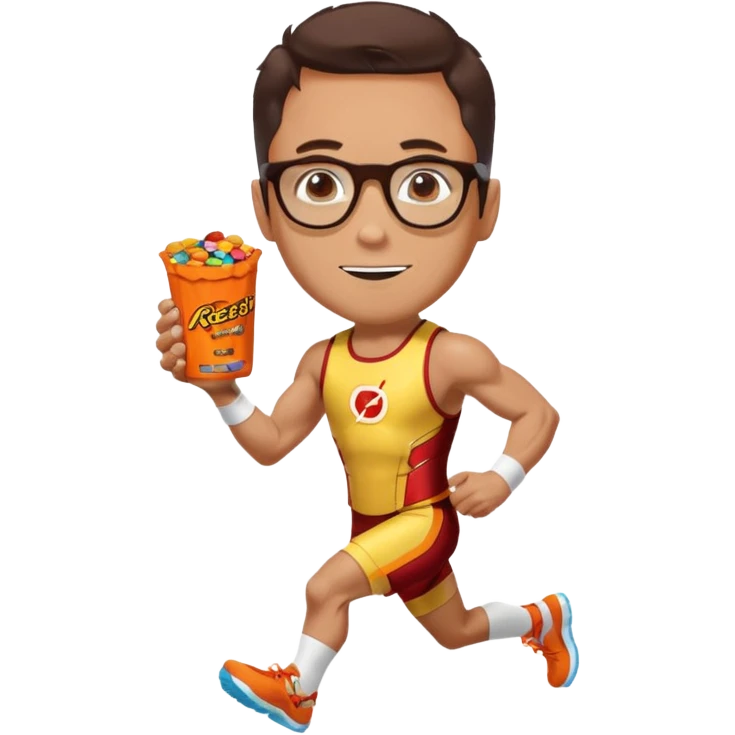 Ironman athletic built wearing a singlet, tan, sutro glasses, half tights, gels for running and loves recess pieces and watching tv but also a social worker emoji