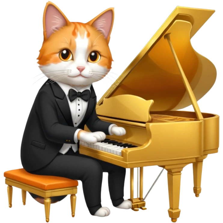 calico cat play gold piano, wear black suit, portrait emoji