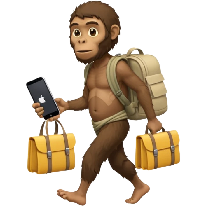 Draw an Australopithecus walking like a nomad, carrying a cloth bundle on its back and holding an iPhone in one hand and an open laptop (screen visible) in the other, in a cute flat iPhone emoji style emoji