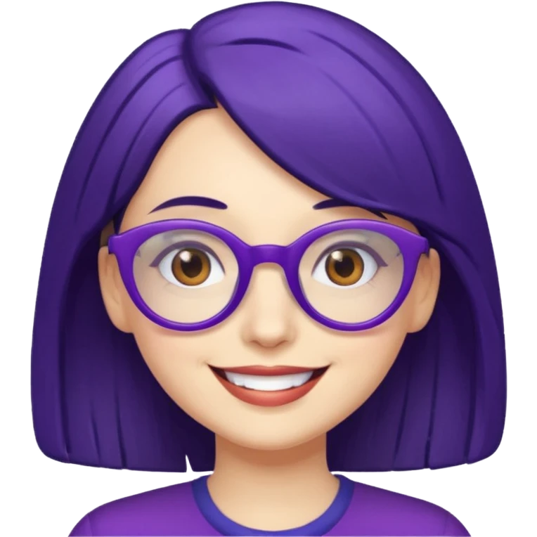 Cartoon adult woman with purple glasses, brown eyes, and dark blue medium length hair emoji
