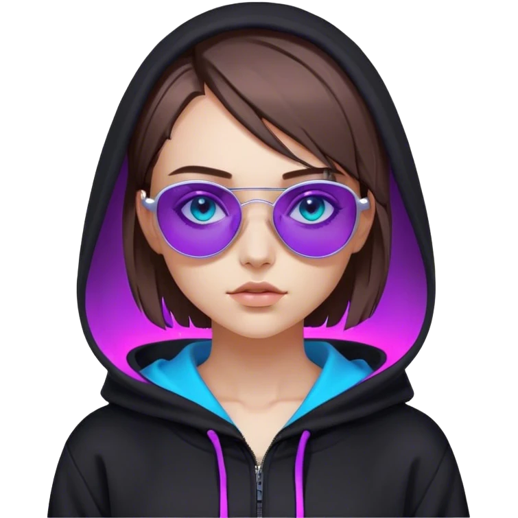 
girl with brown bob and blue eyes in a black hoodie and sunglasses. Cyberpunk style. Violet neon. emoji