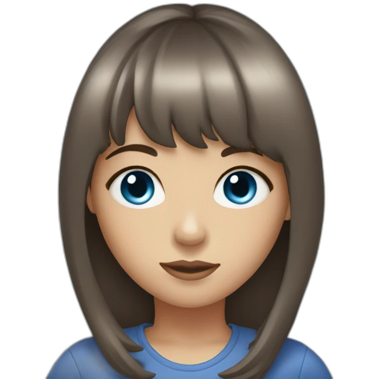 girl with dark brown hair, thick bangs, blue eyes emoji
