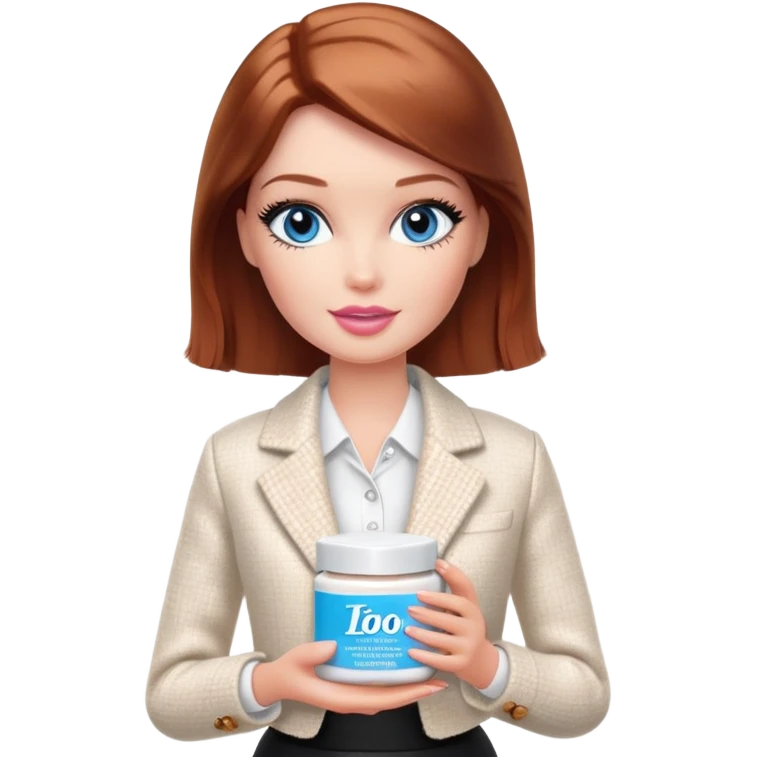 A Barbie girl with blue eyes, shoulder-length reddish-brown hair with makeup, wearing a white tweed jacket and a black skirt, holds pale beige body moisturizer cream pot emoji