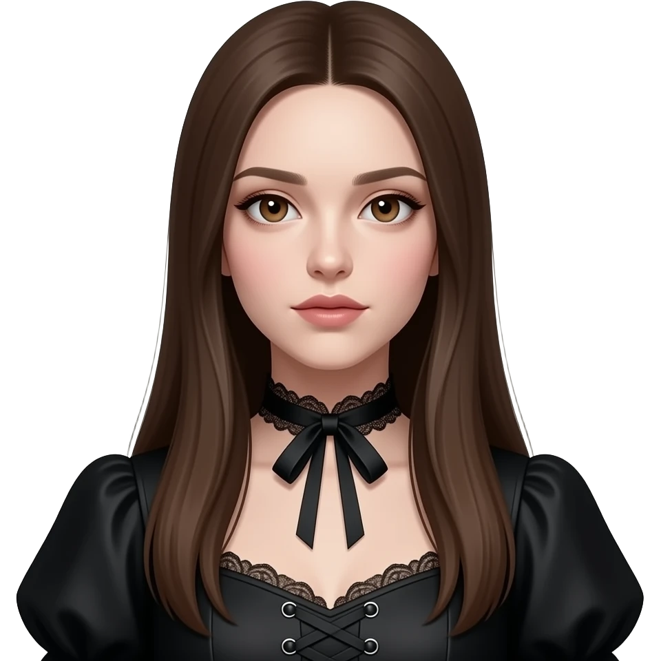 realistic pretty white skin long straight brown girl brown eyes long face wearing goth dress HD emoji