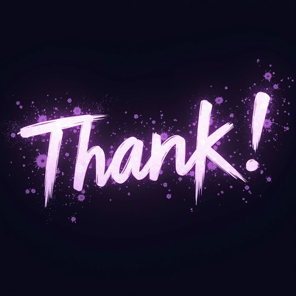 "thank you!" cyberpunk style text splash overlay lavender, streamer overlay, brush-font emoji
