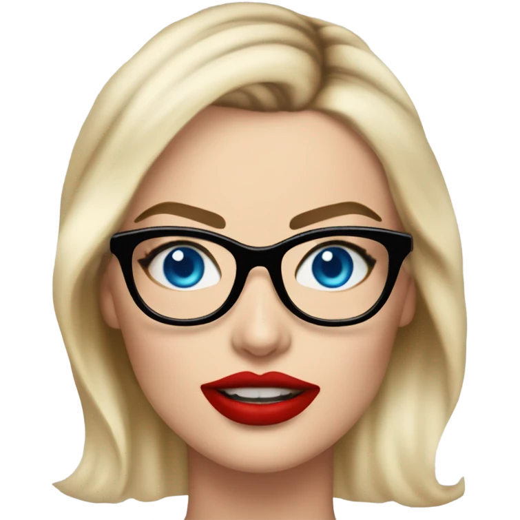 Margot Robbie, bright blue eyes, red kisses, wearing black glasses  emoji