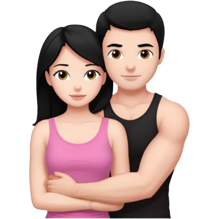 a pretty bratz fair girl. black hair, wearing a pink cami top, she is hugging a handsome fair guy with black hair. lean but muscular.the boy is wearing a black tshirt emoji