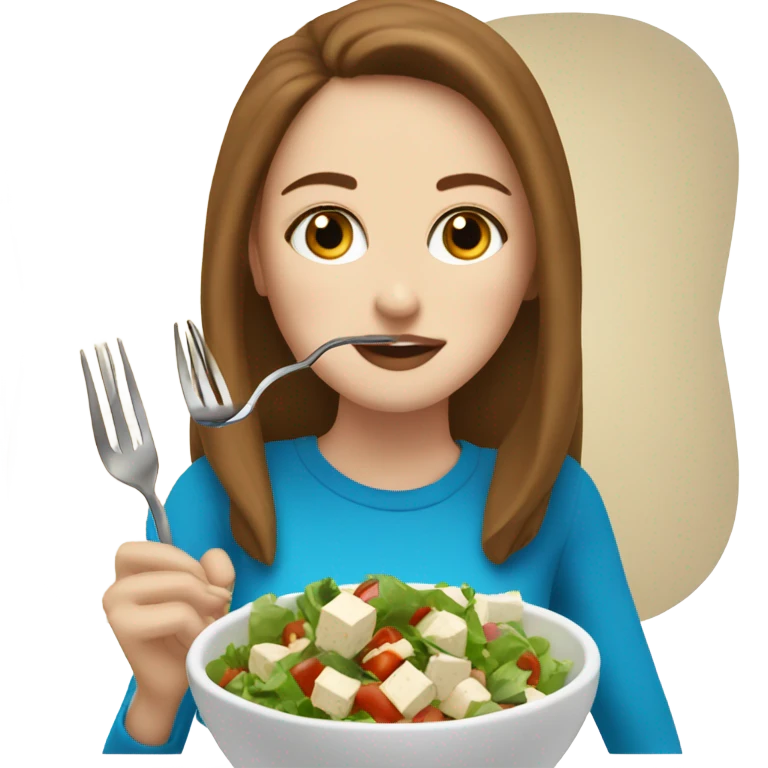 White girl Brown hair blue eyes freackles eating Tofu salad with fork emoji