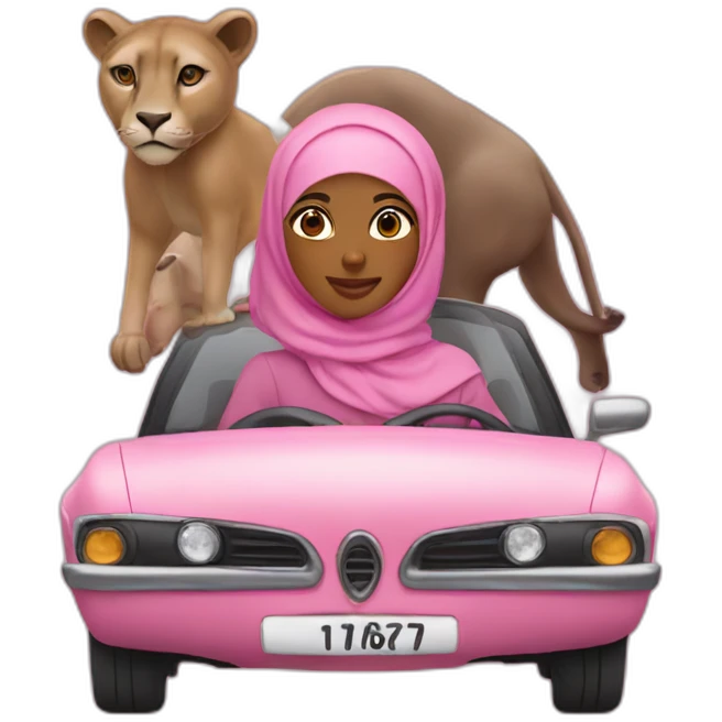 hijabi brown girl in pink car with wild animals emoji