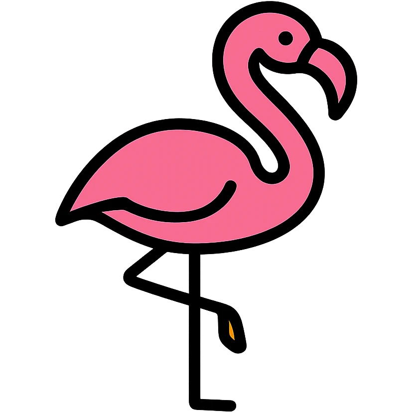 A pink flamingo standing on one long thin leg with its other leg tucked up. The bird has a graceful curved neck and distinctive hooked beak. emoji