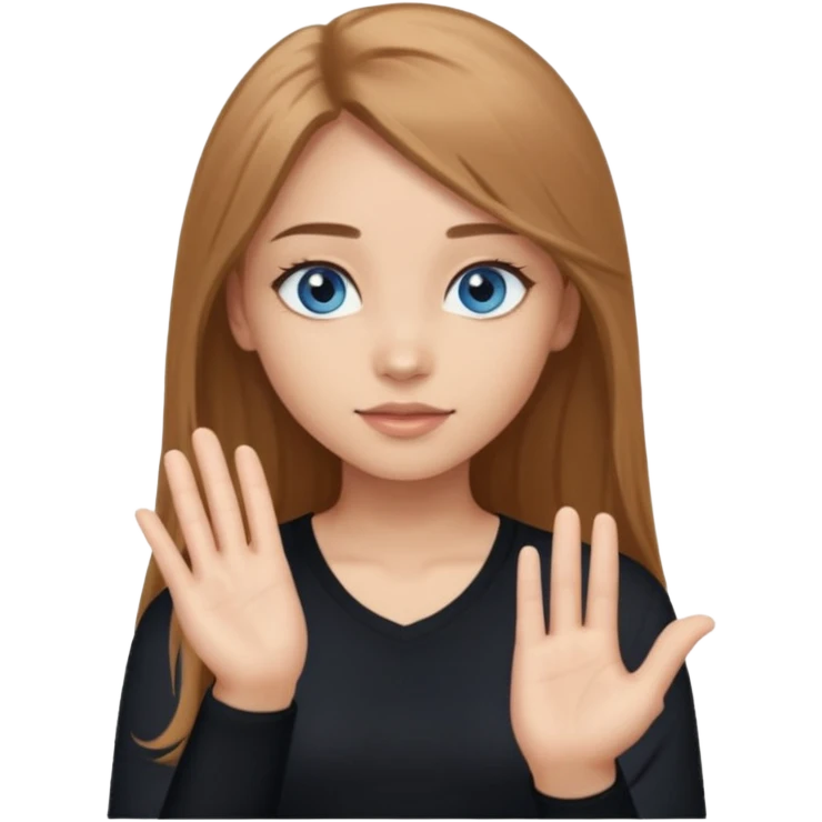 A girl with long eyelashes, long light brown hair, blue eyes, with her palm up. with black undershirt emoji