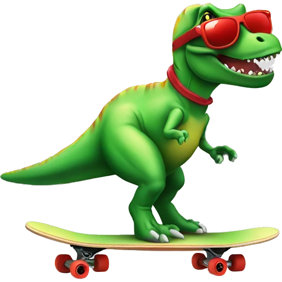 Green T-rex on a skateboard with red sunglasses emoji