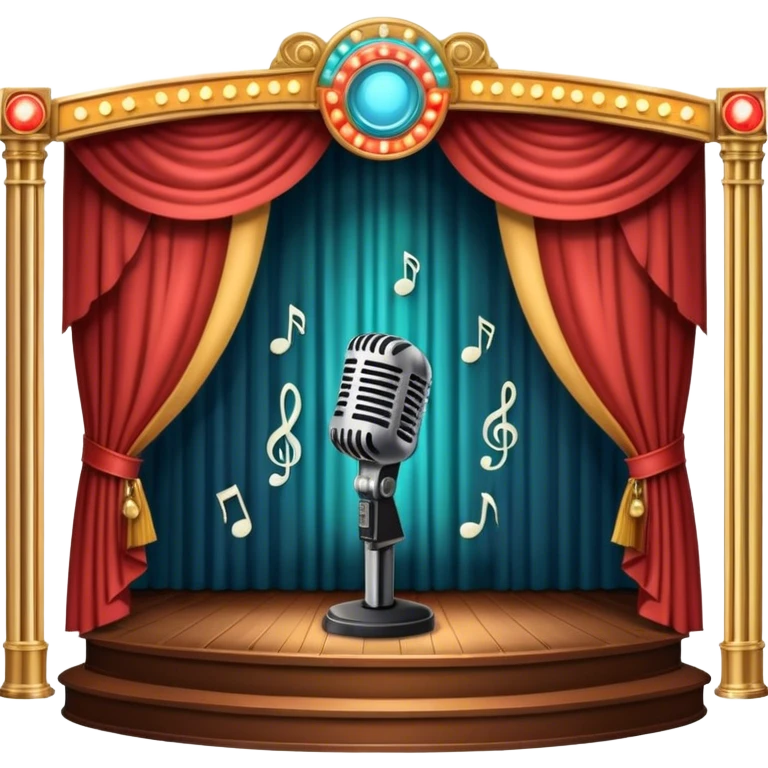Icon for 50s American Musical Theater: a retro stage with neon lights, a classic microphone, musical notes, vintage theater curtains, and Broadway-style elements. Avoid focusing solely on the piano. Transparent background. emoji