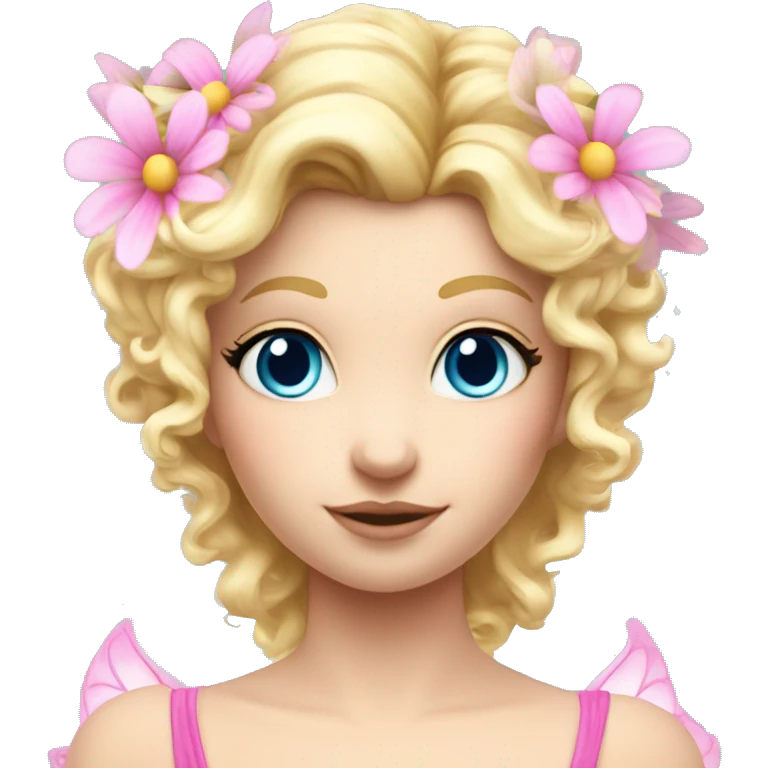 Fairy, a blonde hair with blue eyes and a pink dress with sparkly wings. Flowers. White wings. The fairy has long, curly hair with a lot of volume emoji