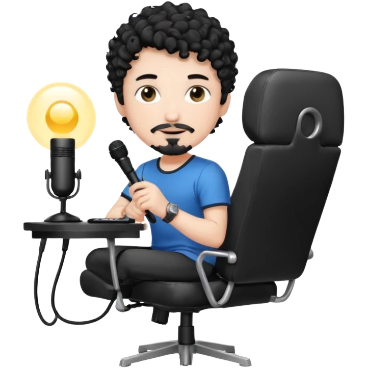 a setup of a youtuber his blach curly short hair, white skin, a thin goatee, with a desktop pc on a table, a gaming chair, microphone, ring light emoji