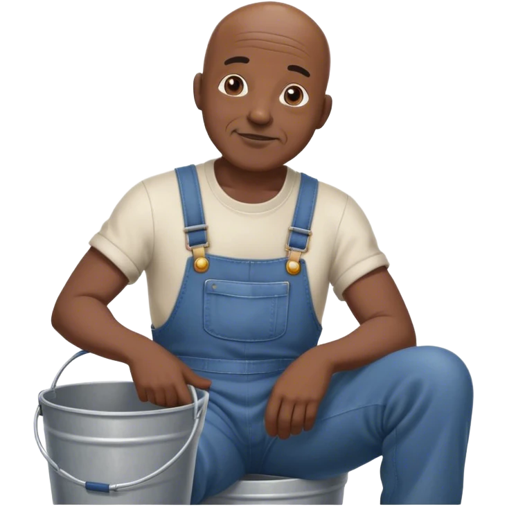Old bald black man sitting on bucket wearing overalls emoji