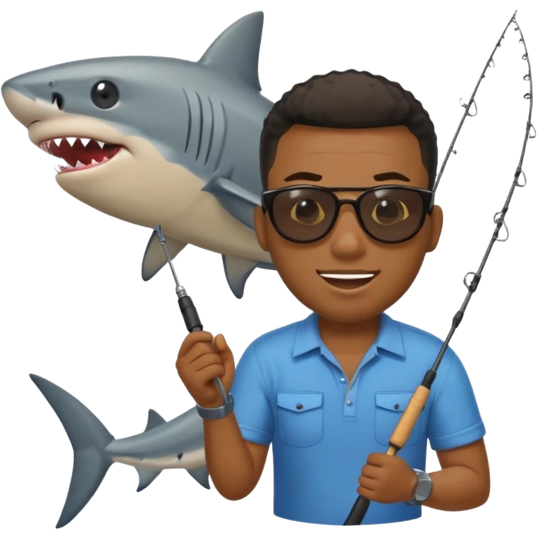 Black man reeling in a shark with a fishing pole, emoji style emoji