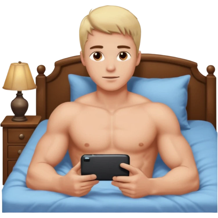 парень накаченный молодой красивый парень со светлыми волосами и черно кориченывыми глазами без футболки лежит на кровати и листает телефон    emoji