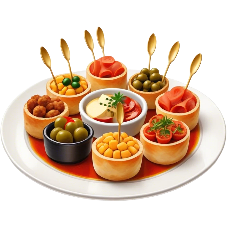 Tapas (4 Pintxos) Cinematic Realistic Tapas Dish Emoji, depicted as an assortment of 4 pintxos elegantly arranged on a plate, rendered with lifelike textures and vibrant, inviting lighting. emoji