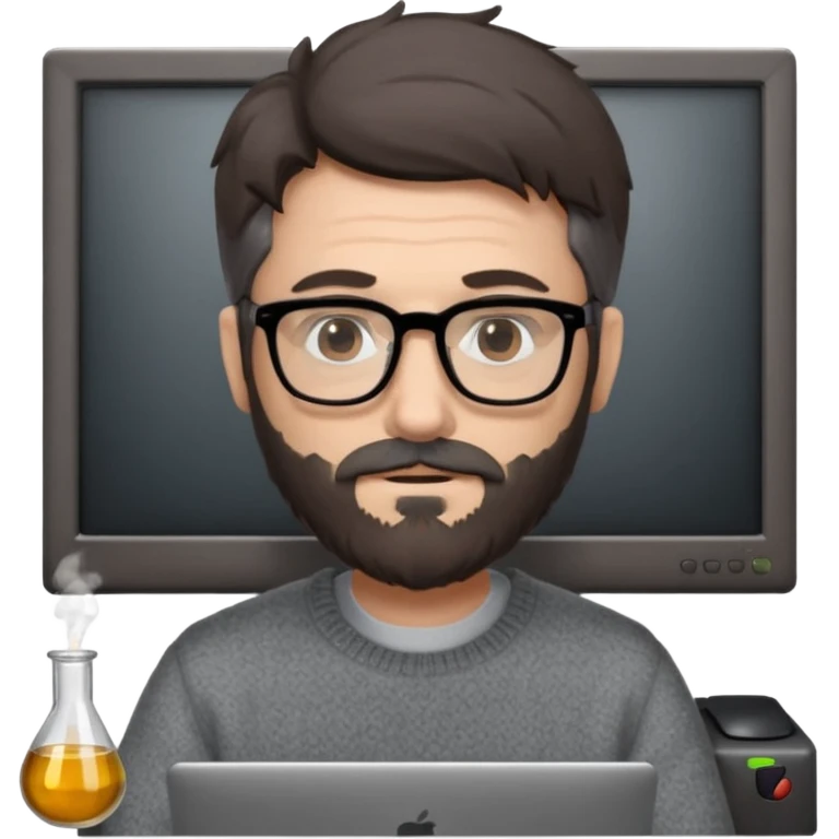 Profesor de pelo gris marrón oscuro con gafas un poco de barba jersey gris y un ordenador los óleos son marrones emoji