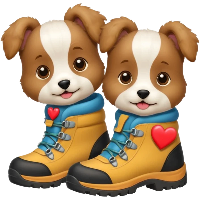 2 puppies with hiking boots on and a heart  emoji