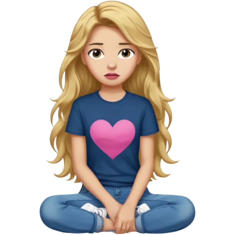> 14-year-old girl, 161cm, slender, long wavy golden hair, tan skin, full pink lips, long lashes, thick eyebrows, dark blue t-shirt, faded jeans, black sneakers, quiet sadness in her expression, soft moody lighting, ultra-realistic portrait. emoji