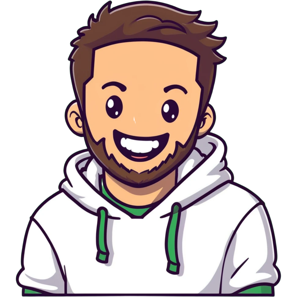 laughing guy with white hoodie, green t-shirt underneath, green eyes, dark brown undercut hairstyle and a short full beard emoji