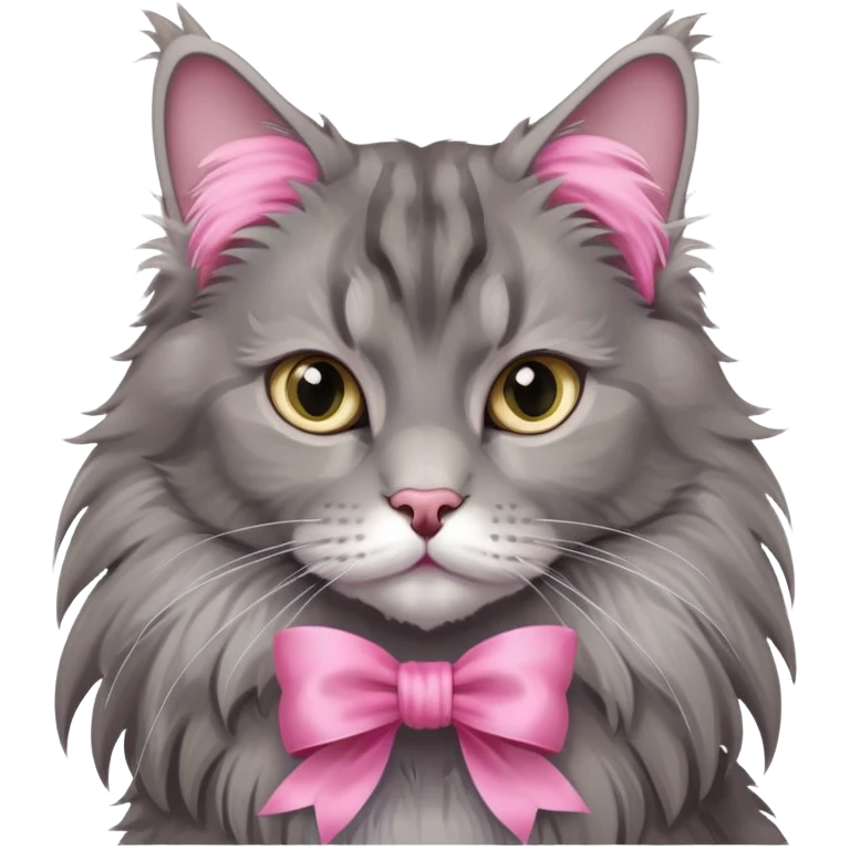 A grey Maine coon Neck Wearing a pink silk ribbon emoji
