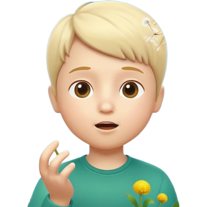 A 3D cartoon child blowing on a dandelion, seeds flying in the air, sunny garden background, realistic Memoji-style. emoji