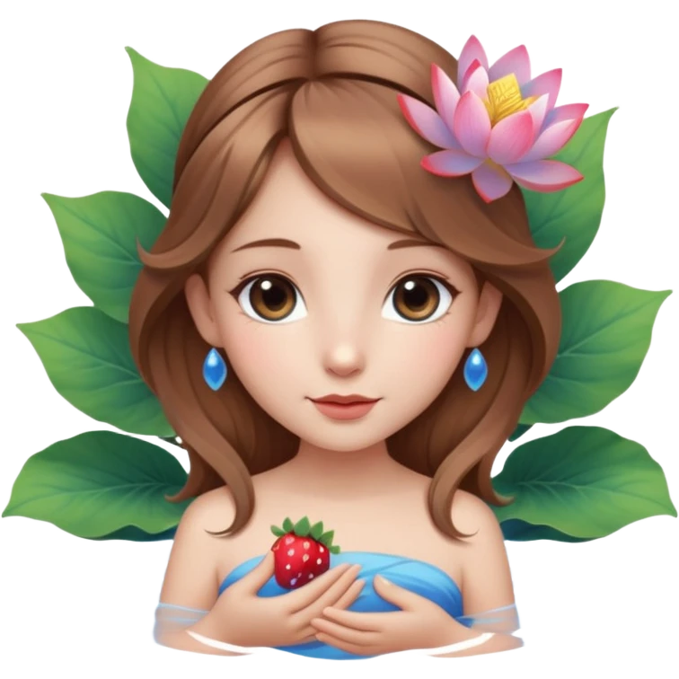 یه دختر زیبا با موهای قهوه ای روشن که مثل یک فرشته است و تازه متولد شده به همراه گل نیلوفر لای موهاش بالای گوشش و همراه با نیلوفرهای آبی و یک گل نیلوفر ترکیب شده با توت فرنگی در دست راستش. در ماه زیبا و بزرگ به وجود  آمده emoji
