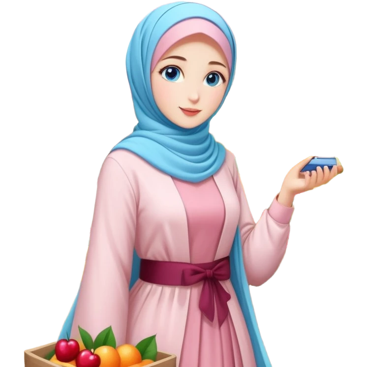 Turkish beautiful finish Konya girls blue eyes with lovely cherry blossom hijab long tail dress and the friends shopping in a market fruits emoji