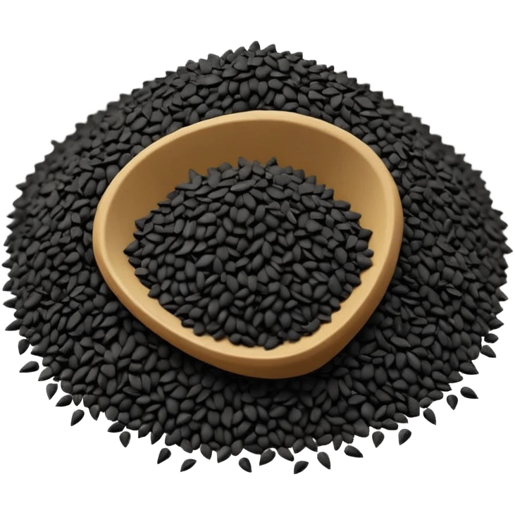 small scattered heap of tiny matte black seeds with irregular triangular shapes and slightly rough texture, loose organic pile with a few seeds dispersed around the base, no bowl or extras, apple emoji style, soft lighting, subtle shadows, transparent background, emoji scale emoji