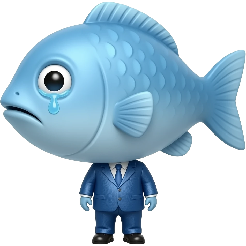 A little blue fish shaped like a little man dressed in blue, looking at us with a very sad face, as if he wants to cry. emoji