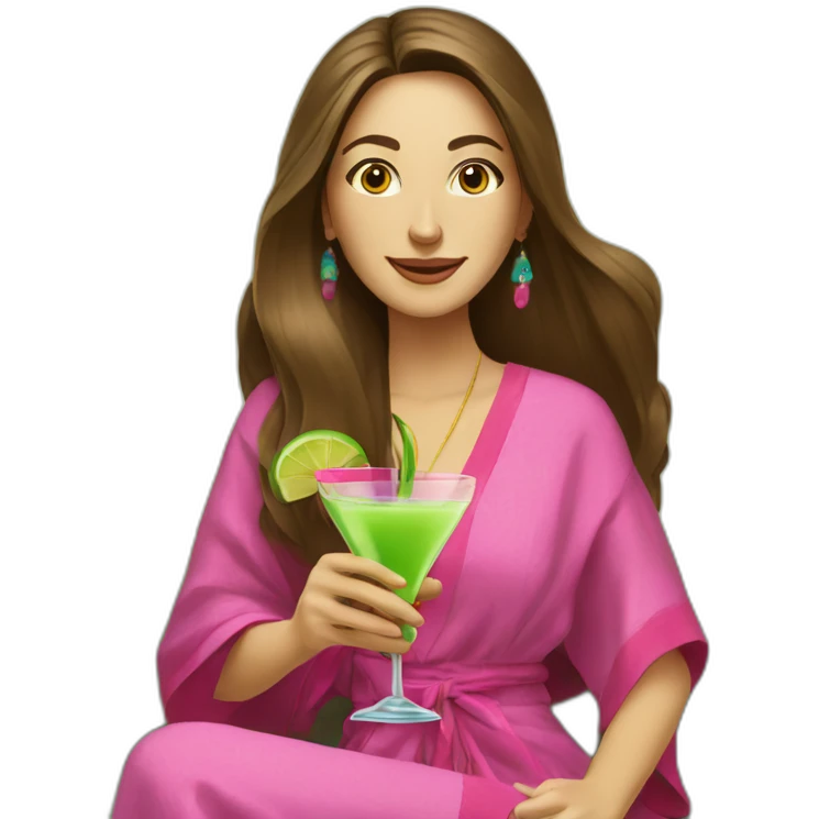 Caucasian woman with long brown hair sitting on a brown couch in front of a light green wall in a colorful caftan holding a pink cocktail emoji