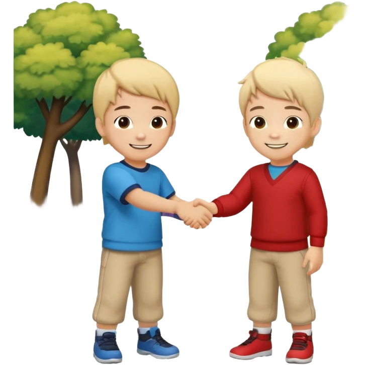 A cute 4-year-old Japanese boy with a big proud smile, shaking hands with another boy to make up after a fight, in a sunny park. Toys on the ground, both looking happy and relieved, warm friendship vibe, cartoonish style, vibrant colors, high detail. emoji