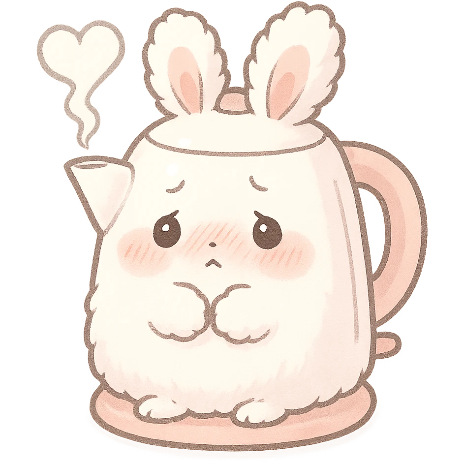 cute kawaii electric kettle bunny, shy and fluffy, steam heart, pastel white and pink, full-body emoji