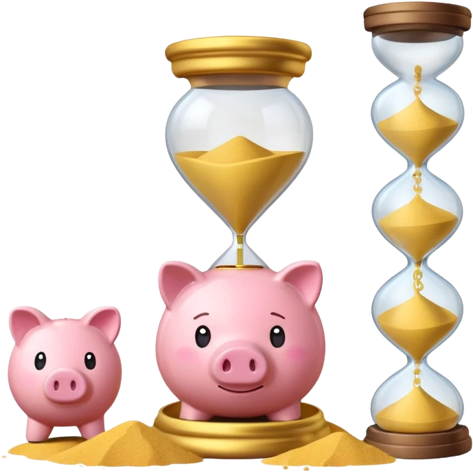 A minimalist emoji-style icon: A stylized piggy bank with a coin dropping into it, next to an hourglass. The hourglass symbolizes time and long-term savings for retirement. Simple shapes, flat bright colors, emoji-like design. emoji
