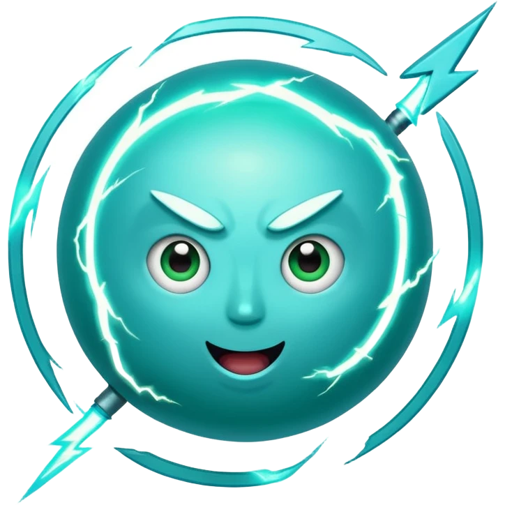 Uranus planet emoji in Apple-style, blue-green with dynamic rings, large fun excited expressive face, big clearly visible lightning bolt, symbolizing chaotic unexpected energy emoji