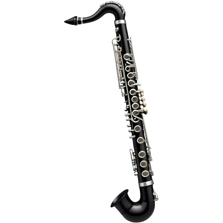 Create a sleek and professional emoji representing a black standard clarinet. The design should feature the smooth, black finish of the clarinet’s body with its shiny metal keys clearly visible. Highlight the mouthpiece with the reed at the top of the instrument. Include subtle details like the metal rings and key pads to emphasize its high-quality construction. Use black and silver tones to capture the classic and refined look of a traditional clarinet. Add soft musical notes around the instrument to evoke its melodic sound. The background should be transparent. emoji