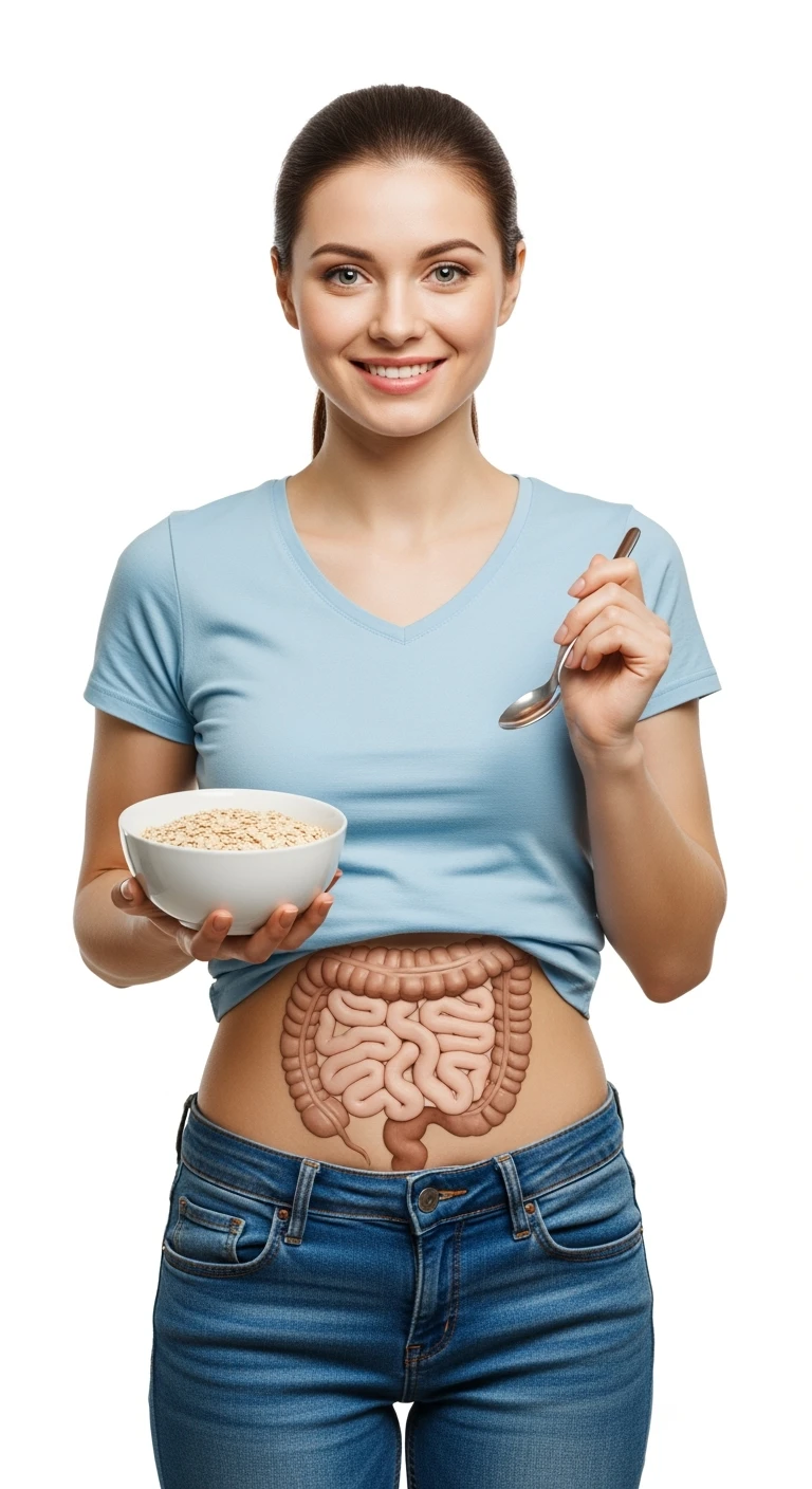 donna con bowl di avena in mano e intestino in evidenza, isolata su sfondo bianco emoji
