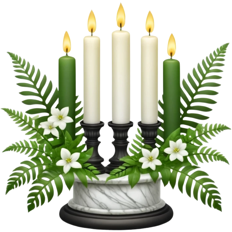 Aesthetic scene of Candles white and with flowers and marble pedestals and lush vines and ferns emoji