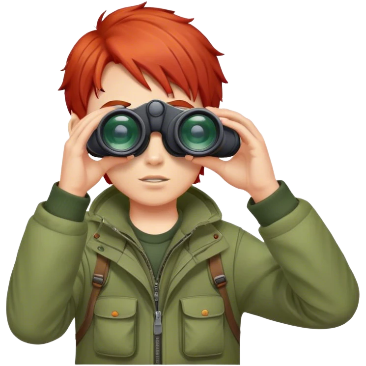 smiled boy's outdoor clothes whit red hair with binocular and white background  emoji