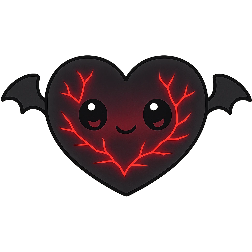 black gothic heart with glowing red veins and very tiny gothic bat wings, ornate, dark, elegant, kawaii style emoji