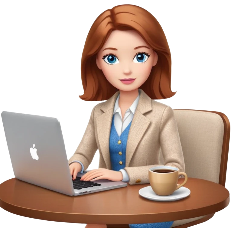 A Barbie girl with blue eyes, shoulder-length reddish-brown hair, made-up, wearing a white tweed jacket and beige skirt, is sitting at a table with a MacBook and a cup of coffee emoji